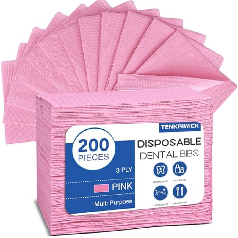 200 Pack Disposable Dental Bibs 13"x18" Waterproof 3-Ply Pink