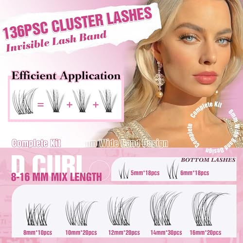 ALICE Lash Clusters Kit Clear Band Natural Lash Extensions Kit 5-16mm Wispy Cluster Eyelash Extension DIY Invisible Band Individual Cluster Lashes with Bottom Lash Bond and Seal Waterproof