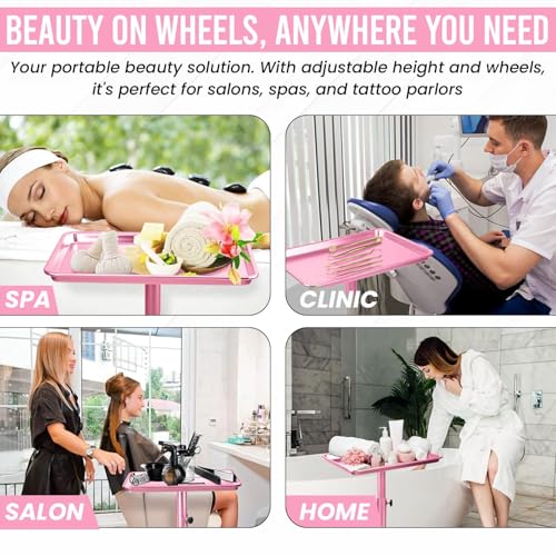 JayGlobal Pink Salon Tray On Wheels, Premium Aluminum Rolling Tattoo Tray, Height Adjustable Tattoo Cart Trolley for Hairstylist Salon, Spa & Clinic