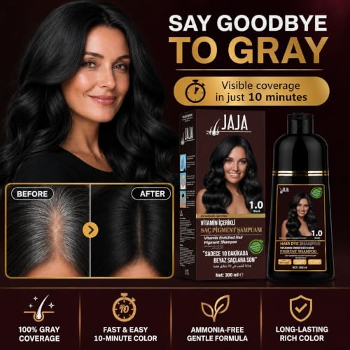 Jaja Black Hair Dye Shampoo for Gray Coverage – 10.14 fl oz (300 ml)