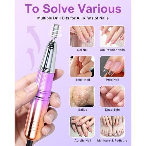 Professional Electric Nail Drill Kits 45000RPM Gradient Purple Portable Cordless 3-in-1 Nail File Machine with Rechargeable Stand and Nail Lamp for Acrylic Gel Polish Removing Home & Salon Use