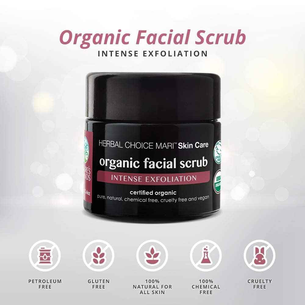 Organic Facial Scrub by Herbal Choice Mari (3.4 Fl Oz Glass Jar) - Intense Exfoliating Face Wash with Brown Sugar, Sea Salt, Shea Butter, and Grape Seed - For Dry Skin - No Toxic Chemicals