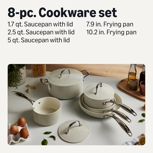 Amazon Basics Linen Gray Ceramic Nonstick Cookware 8-Piece Set - Oven & Dishwasher Safe, Induction Compatible