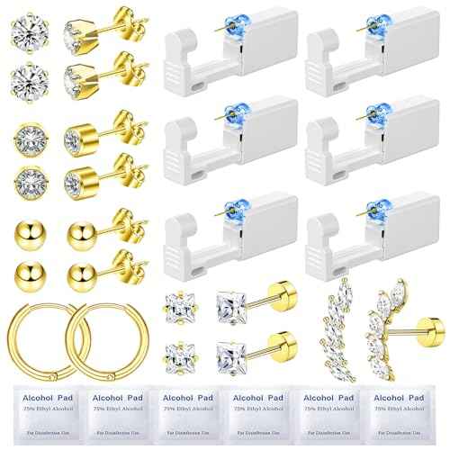 24 Pcs Ear Piercing Kit Ear Disposable Piercing Gun Kit Includes 6 Pcs Self Piercing Gun 12 Pcs Cubic Zirconia Earrings Stud Hoop Earrings 6 Cleaning Pads Easy to Use Ear Piercer Kit Tool