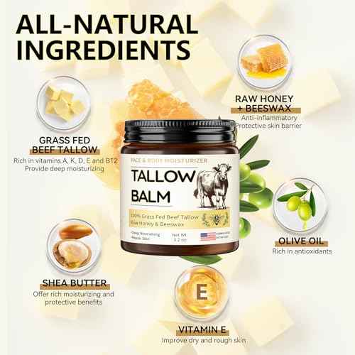 Veakoo Beef Tallow for Skin, Organic Whipped Tallow and Honey Balm, Grass Fed Beef Tallow Face Moisturizer, Natural Tallow Skin Care Cream Body Butter, Nourish and Soothe Dry Skin