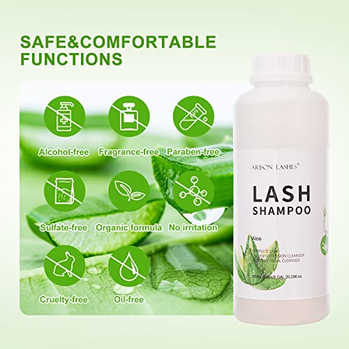 Arison Eyelash Eyelash Extension Shampoo 600ml / Eyelid Foaming Cleanser/Wash for Extensions and Natural Lashes/Paraben & Sulfate Free Safe Makeup & / Professional & Self Use (Aloe)