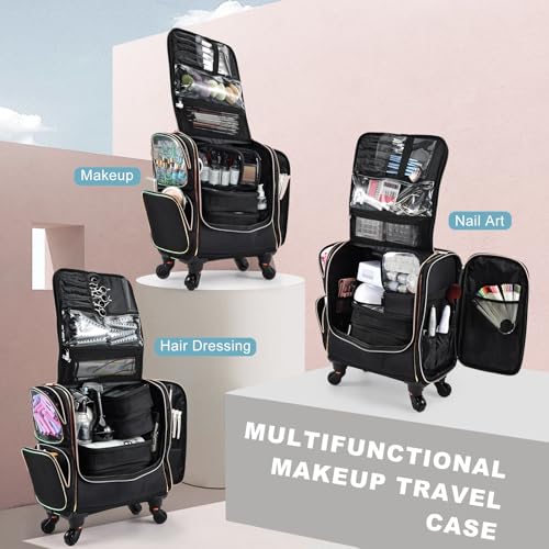 Rolling Makeup Train Case with 5 Bags & Wheels | Professional