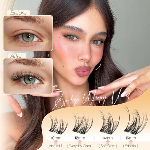 Yawamica Spider Lash Clusters DIY Eyelash Extensions 10-16mm (Spider Glam-10-16mm) DD Curl, Clear Band
