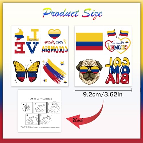 Colombia Flag Temporary Tattoos, 72 PCS Waterproof