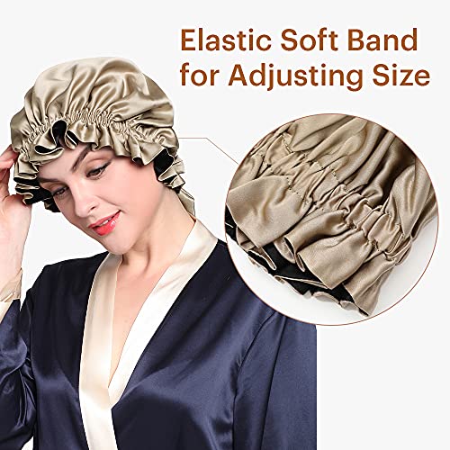 LilySilk Pure Silk Lined Cap for Women Sleep, Double Layered, Adjustable Ribbons, Luxury Natural Silk Bonnet Cap for Sleeping Coffee+Black