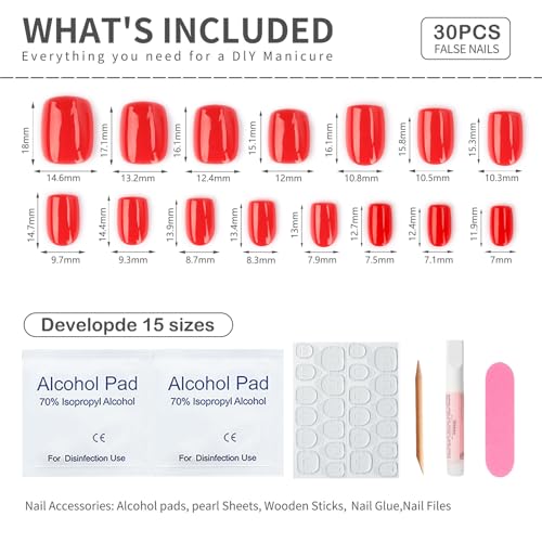 Short Square Press-On Nails Glossy Red 30 Piece Set