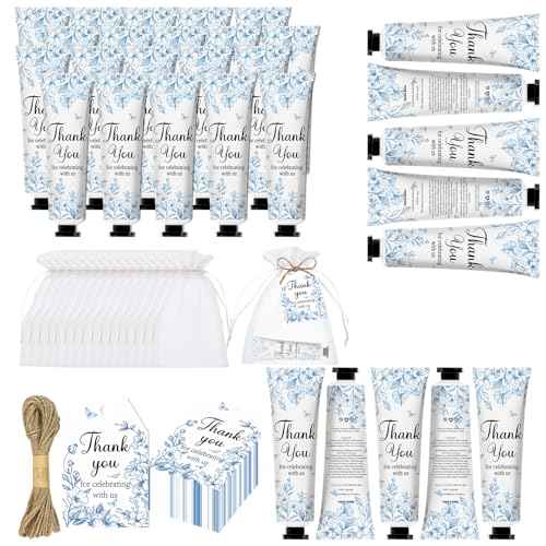 50 Sets Blue Flower Baby Shower Hand Cream Set, Favors Party for Guests Bridal Wedding Gift Bulk Baby Shower Travel Size Hand Cream Blue Flower with Thank You Card and Organza Gift Bags(blue flower)