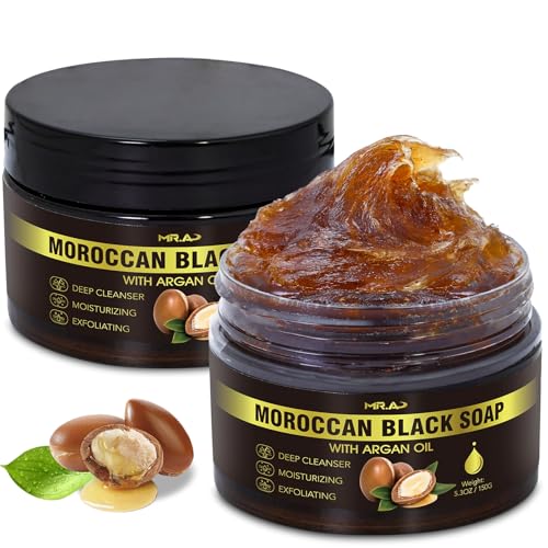Moroccan Black Soap with Argan Oil – 2 Pack Hammam Body Scrub with Exfoliating Glove