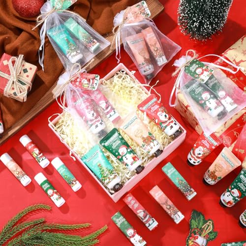 144 Pcs 36 Sets Christmas Hand Cream and Lip Balm Gift Bulk Set,Moisturizing Lip Balm Hand Lotion with Organza Bag Xmas Card, Holiday Birthday Party Favors Stocking Stuffers Gifts for Women
