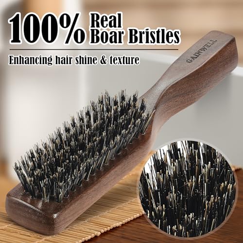 GAINWELL Mens Wild Boar Bristle Hair Brush for Men, Slick Back Hair Brush with Stiff Bristles for Thick Hair, Natural Black Walnut Wooden Handle Hairbrush, Beard Mustache Brush Comb