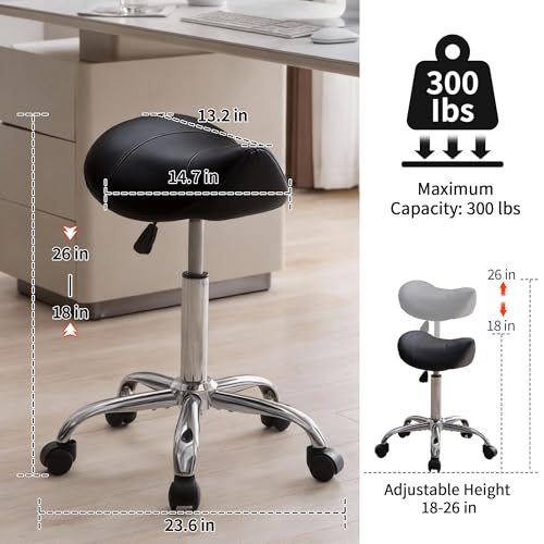 Saddle Stool, Swivel Saddle Stools with Wheels, Adjustable Rolling Stool 18"-26", Faux Leather Rolling Saddle Stool for Salon, Massage, Clinic, Lab, Office (Black, 1PCS (18"-26"))