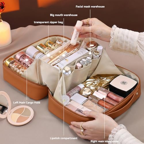 AUCCNT Brown Travel Makeup Bag - Large Capacity Waterproof Cosmetic Organizer