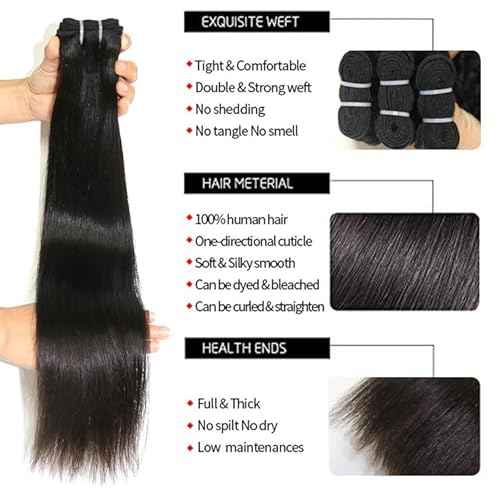 Straight Bundles Human Hair 12A Human Hair Bundles 10 12 14 Inch Straight Human Hair 3 Bundles Brazilian Hair Bundles Deals Human Hair Virgin Raw Bundles Human Hair Extensions Natural Color