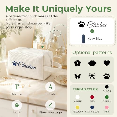 Personalized Embroidered Makeup Bag - Customizable Waffle Cosmetic Bag