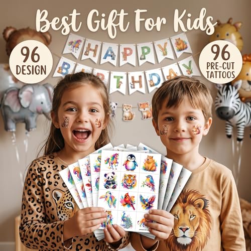 96 Watercolor Animal Temporary Tattoos for Kids