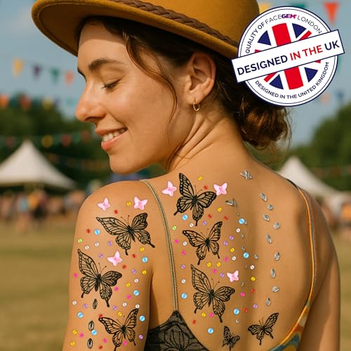 4 Sheet Temporary Tattoos - 4 Sheets Large Butterfly Fake Tattoos with Rhinestones - Temporary Tattoos for Women and Girls ? Waterproof Tattoos for adults, Semi Permanent Transfer Tattoo