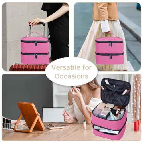 Double Layer Makeup Bag Portable Large Cosmetic Case Organizer with Adjustable Dividers Storage Travel Bag for Accessories Brushes Conditioner and Skin Care Products (Wine)