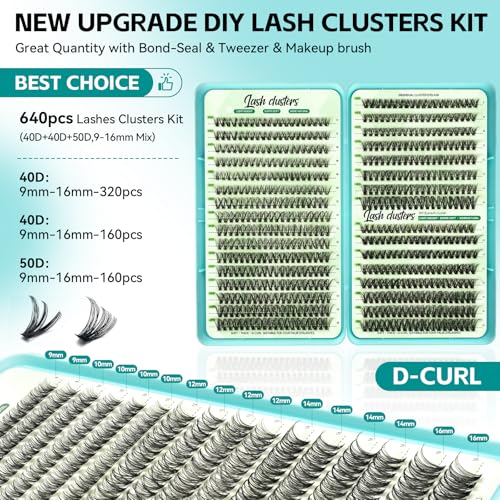 Natural Lash Clusters, 640 PCS Individual Cluster Lashes 40D 50D, DIY Cluster Eyelash Extensions for Soft Natural Look, Lightweight Cluster Lashes for Daily Makeup