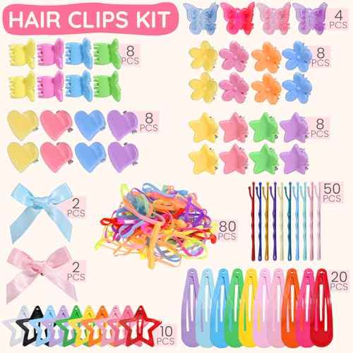 Teenitor Hair Accessories for Girls 193pcs Hair Clips Kit Toddler Hair Accessories, Mini Hair Clips for Girls, Small Claw Clips Bobby Pins and Elastic Hair Ties