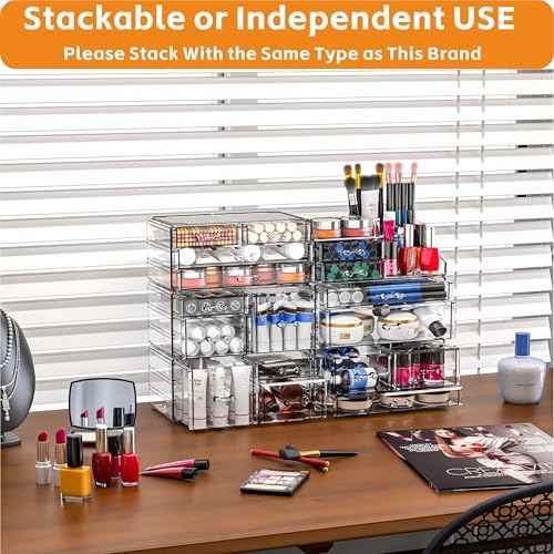 Cq acrylic Make Up Organizers for Vanity With 6 Drawers, 2 Pack Clear Drawer Organizers,Plastic Cute Desk Accessories Organization and Bathroom Organizers Storage Case Box Cube for Beauty,Skin Care