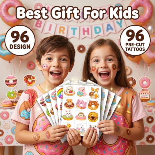 96 Doughnut Temporary Tattoos for Kids - Party Favors