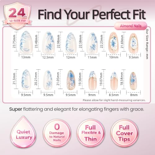 Press On Nails Almond Blue Floral French Tip 24pcs – Taoyiset Reusable Full-Cover Faux Nails