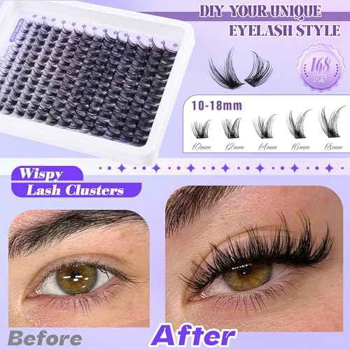 ALICE Lash Clsusters Kit Wispy Cluster Eyelash Extension Kit 168pcs 10-18mm Natural Lash Extension Kit Thin Band Individual Lashes Kit with Lash Glue Bond and Seal DIY at Home