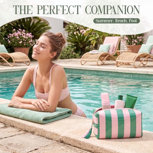 Gilprop 6 Pcs Clear Coated Makeup Bags Pink Green Striped Octagon Style Waterproof Cosmetic Organizer