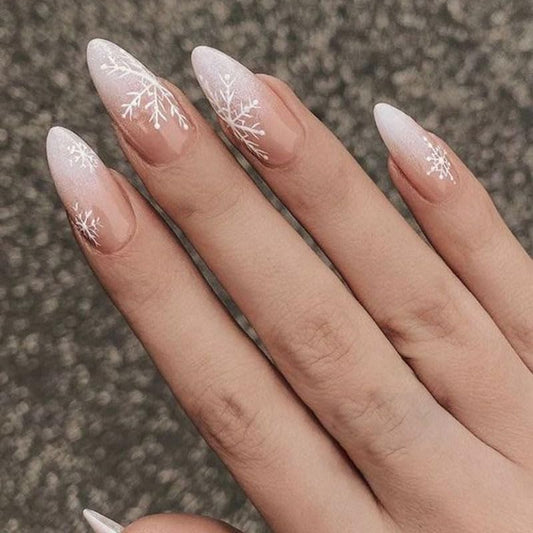 Christmas Press on Nails Medium Length Fake Nails Almond False Nails Snowflake Designs Glue on Nails White Gradient False Nails Acrylic Glue On Nails Full Cover Winter Xmas Stick on Nails for Women