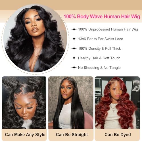 RAYFOG 13x6 Body Wave Human Hair Lace Front Wig 30 Inch Natural Black 180% Density