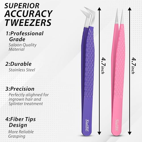Fiber Tip Lash Tweezers-SialBE Diamond Grip Eyelash Tweezers, Straight and L-Shape Tweezers for Lash Extensions, 2 Pcs Stainless Steel Lash Extension Tweezers For Lash Experts and Personal Use