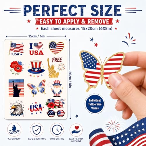 Patriotic Temporary Tattoos - 100+ Designs, 10 Sheets