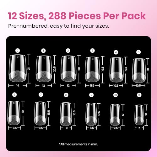 6-3 Square Short Nail Tips Kit 288 pcs with Glue – No Shaping Needed, Pre-Filed, Natural Fit, HEMA-Free