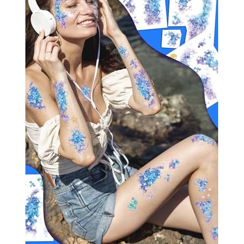 16 Sheets Halloween Mermaid Scale Temporary Tattoos,Decoracion De Sirena Para Cumplea?Os,Mermaid Temporary Tattoos for Adults Kids Costume Makeup