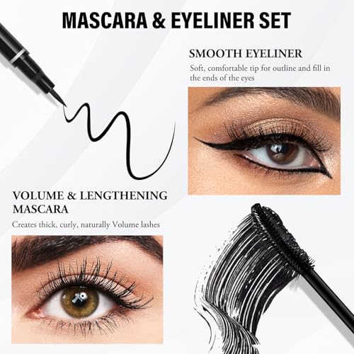 2-in-1 Black Mascara Eyeliner Pencil Set, Volume Length Mascara & Waterproof Eyeliner, Smudge-proof, Long-lasting & No Clumping