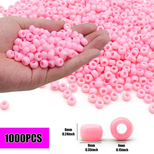 Auvoau 1000Pcs Pony Beads Bracelet 9mm Pink Plastic Barrel Pony Beads for Necklace,Hair Beads for Braids for Girls,Key Chain,Jewelry Making (Pink)