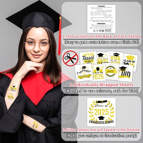 204 Metallic Glitter Graduation Temporary Tattoos Class of 2025