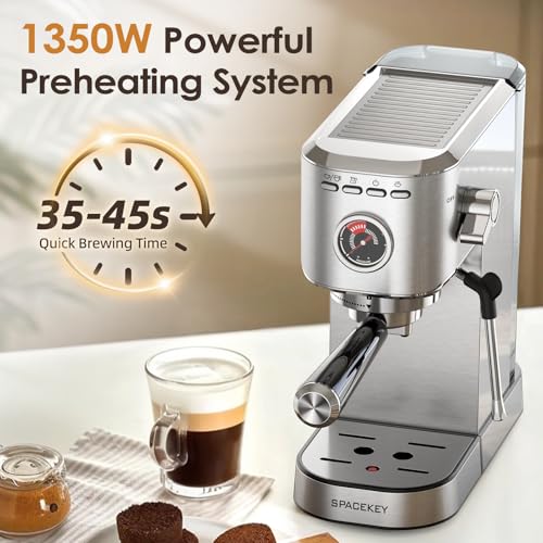 Spacekey Silver Espresso Machine with Milk Frother, 20 Bar Compact Coffee Maker for Home, 39oz Removable Water Tank