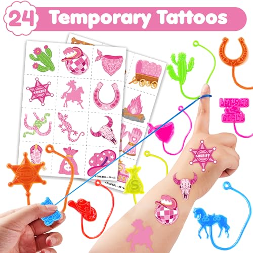 48PCS Cowgirl Party Favors - 24PCS Temporary Tattoos & 24PCS Stick Hands Party - Perfect Birthday Party Supplies, Goodie Bag Stuffers, Treasure Box Toys, Classroom Prizes, and Student Gifts