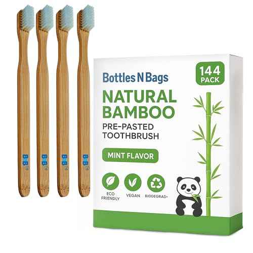 144 Biodegradable Prepasted Bamboo Tooth Brush Individually Wrapped Soft Bristles,Refreshing Mint Flavor Paste (144 Pack)
