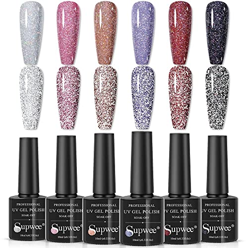 SUPWEE Reflective Glitter Gel Polish Set Sparkly Shiny Holographic Gel Nail Polish Disco Diamond Nail Polish Gel for Party Manicure Soack Off UV Gel 6 Colors 10ML(0.33fl oz)