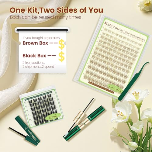 KEYYOU Brown Velure Lash Clusters Kit with Bonus Black Lashes - 150pcs