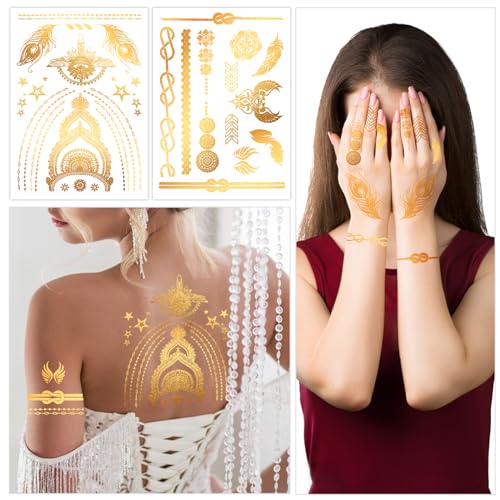 Konsait 9 Sheets Gold Metallic Temporary Tattoos for Women