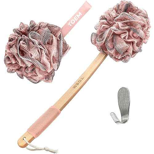 Loofah Back Scrubber for Shower | Bamboo Charcoal Fiber Infused | Loufas for Men & Women | Includes 1 Long Handled Shower Sponge, 1 Bath & Shower Luffa Pouf & 1 Hook to Hang Stuff (Rose Pink)