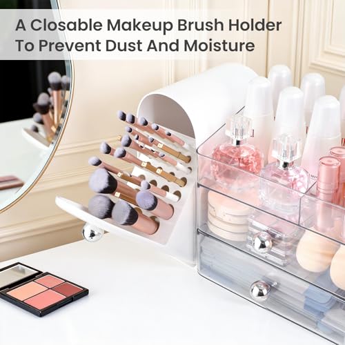 Makeup Organizer with Brush Holder & 3 Clear Drawers
